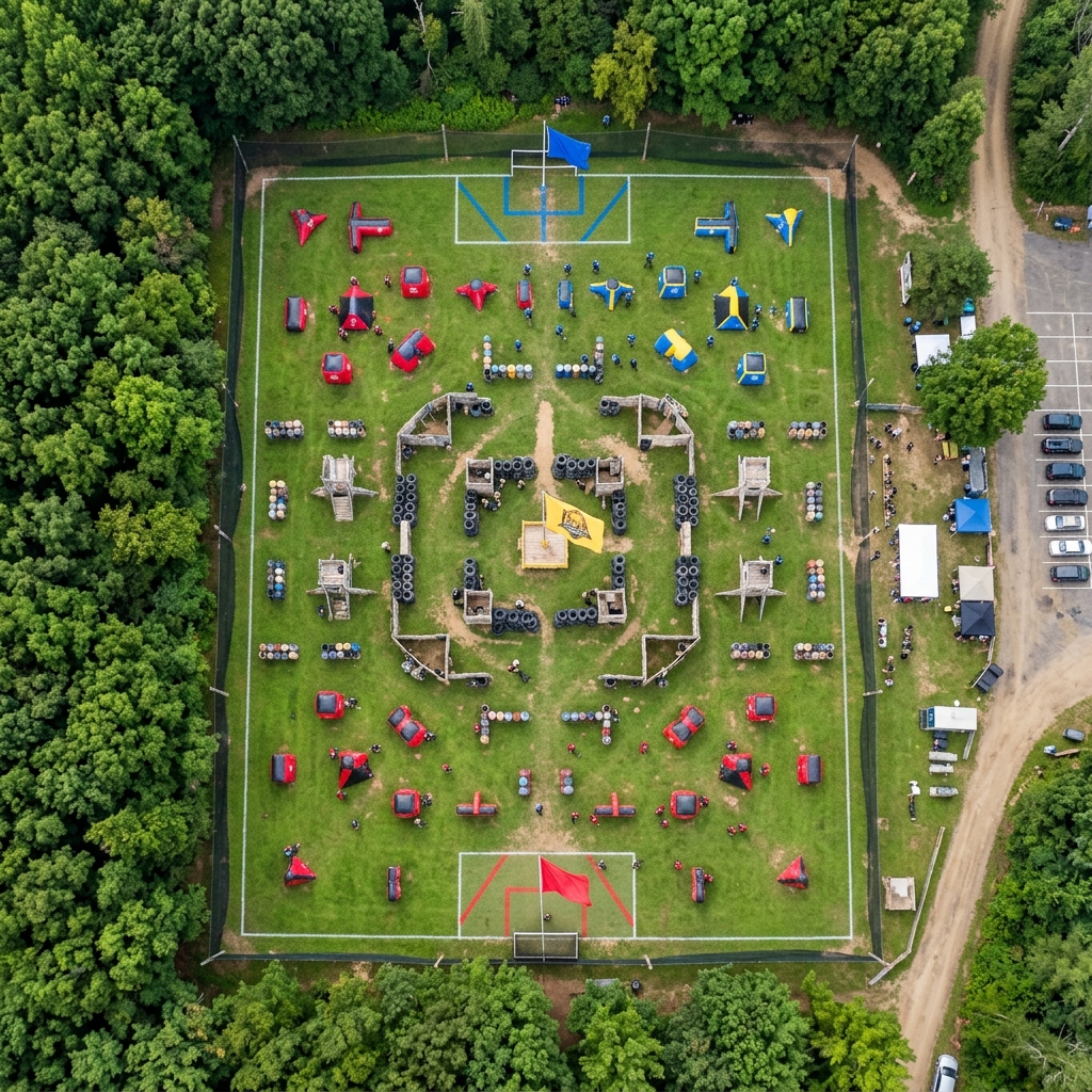 Aerial view of Balls of Duty paintball field